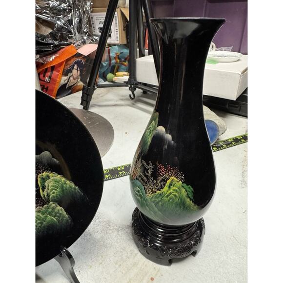 Vintage Fujian Lacquer Ware Asian Hand Painted Set 2 Vases 1 Plate In Box Papers - Picture 4 of 16
